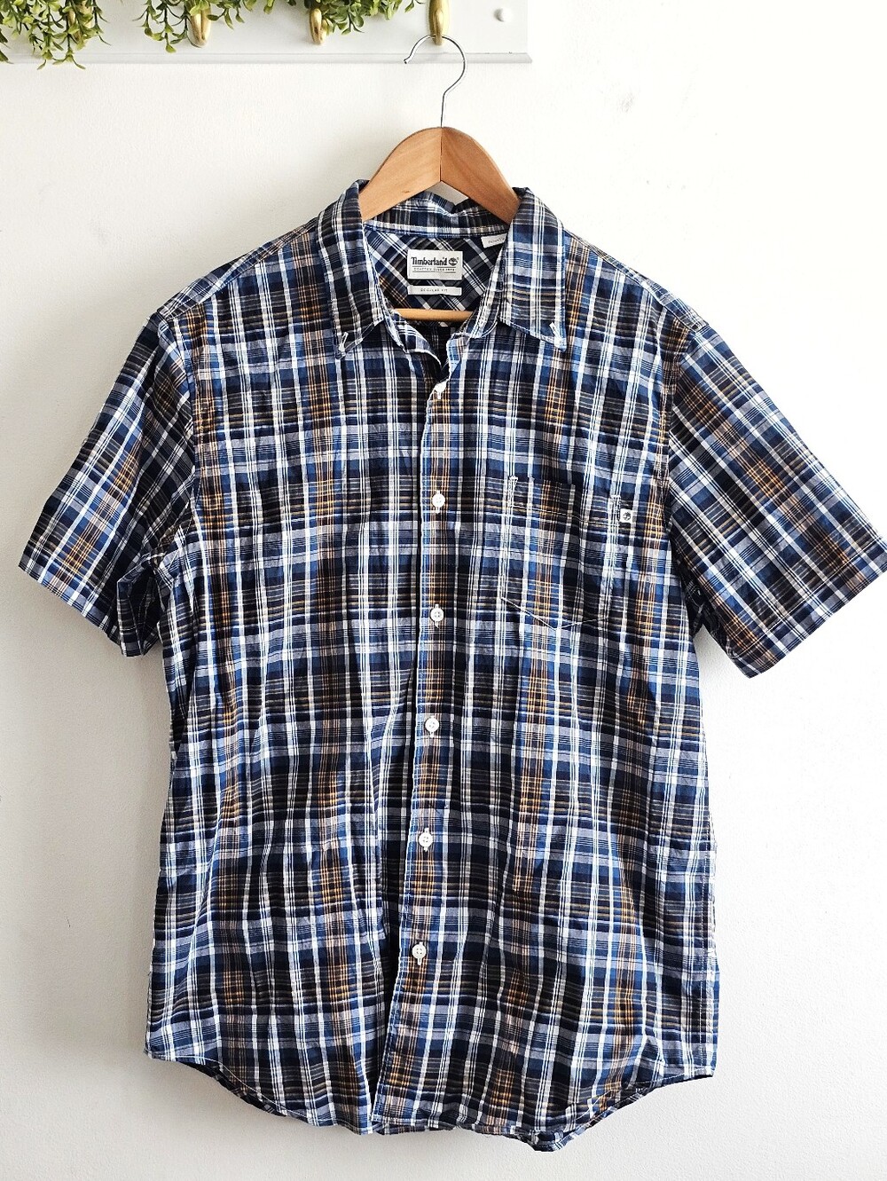 Timberland Mens Large Regular Fit Plaid Short Sleeve Button-Up Shirt 100% Cotton
